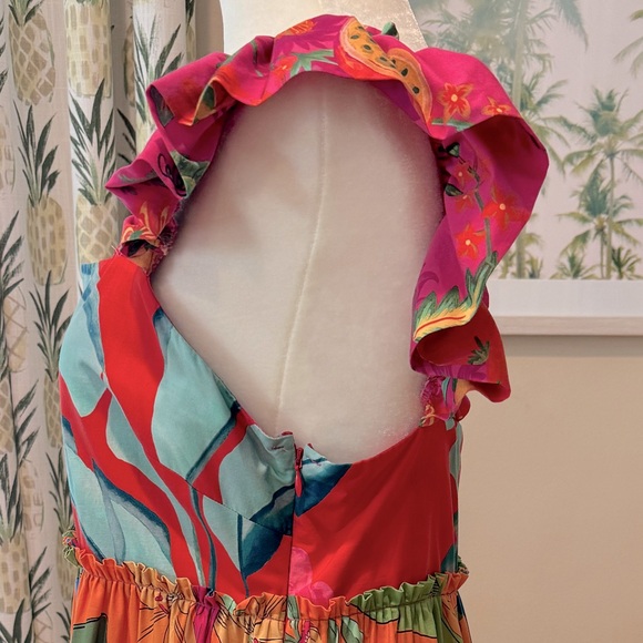 FARMRIO Foliage Mix Mini Dress Tropical Floral Ruffle Sleeve Tucan Cotton Size L - Picture 9 of 9